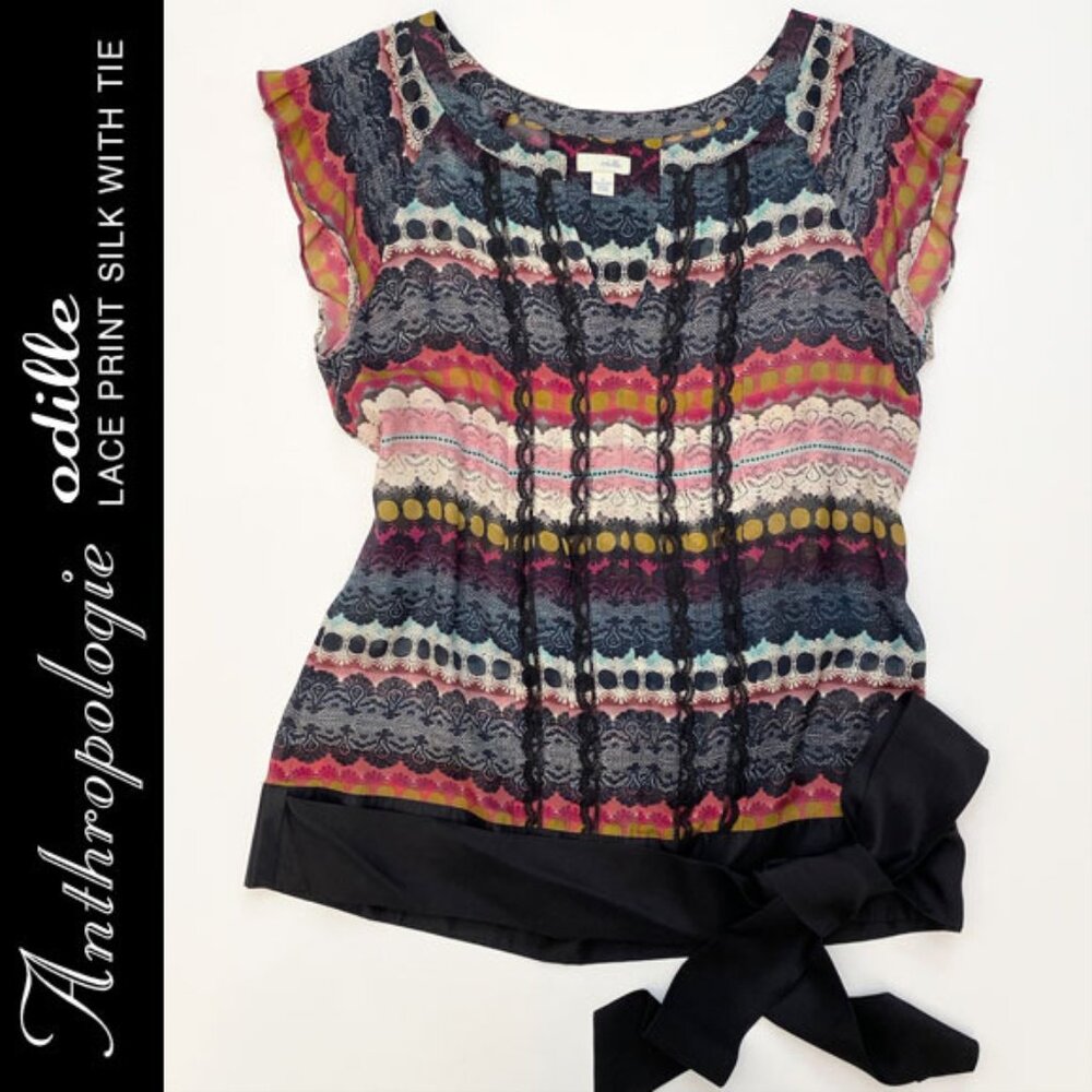 Anthropologie Odille Lace Print Silk Top with Sash Size 6